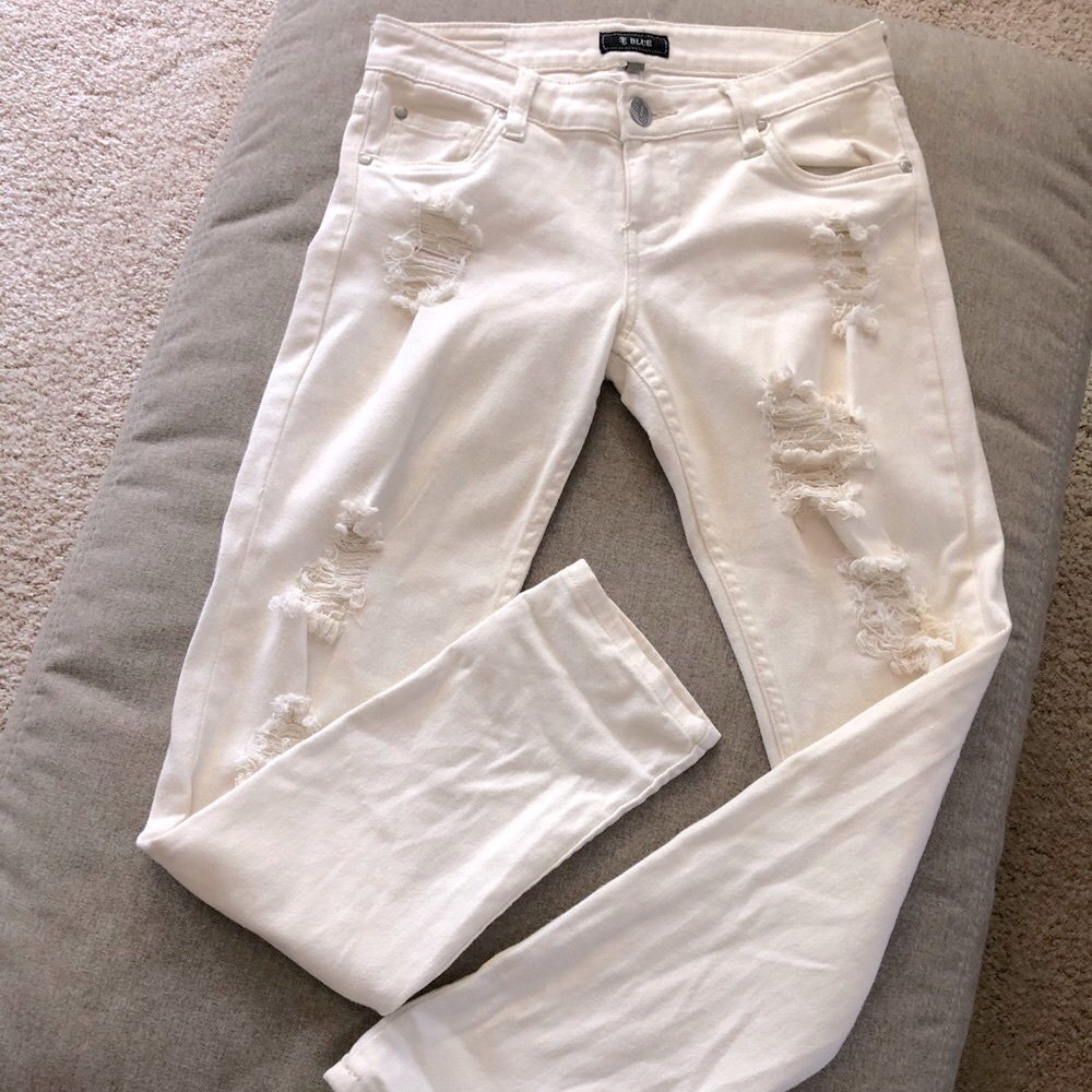 Off White Distressed Mid-rise Jeans